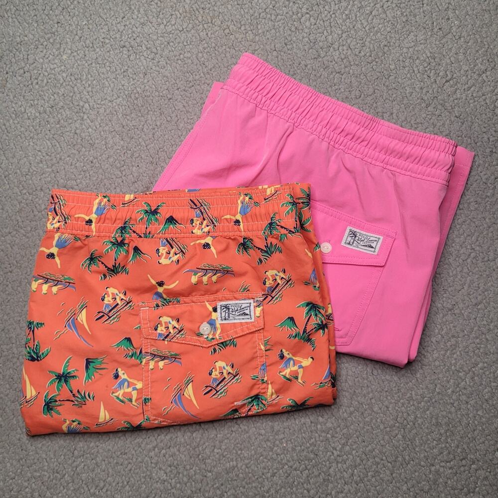 Polo Ralph Lauren Swim Shorts 2pc LOT XLT Pink Orange Hawaiian Print Trunks